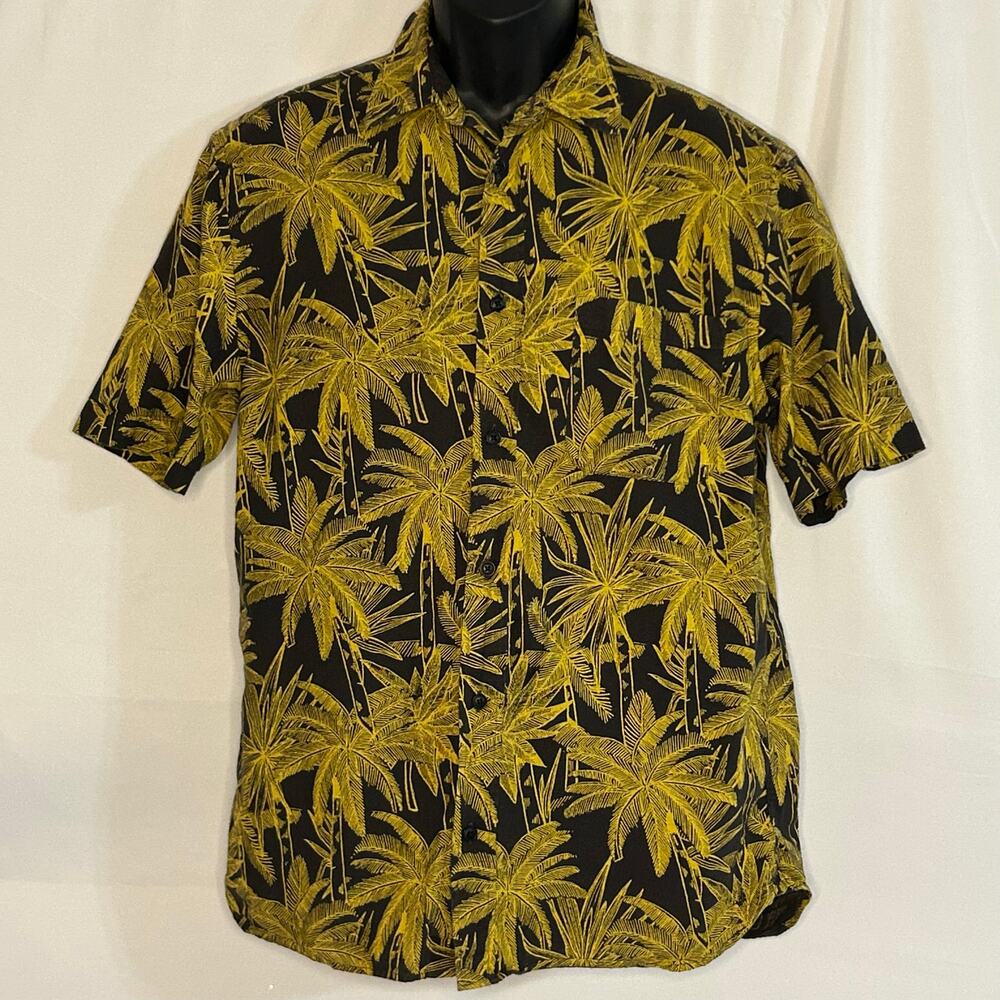 H&M L.O.G.G. Palm Tree Button Up Shirt Mens Medium Black Yellow Tropical Print